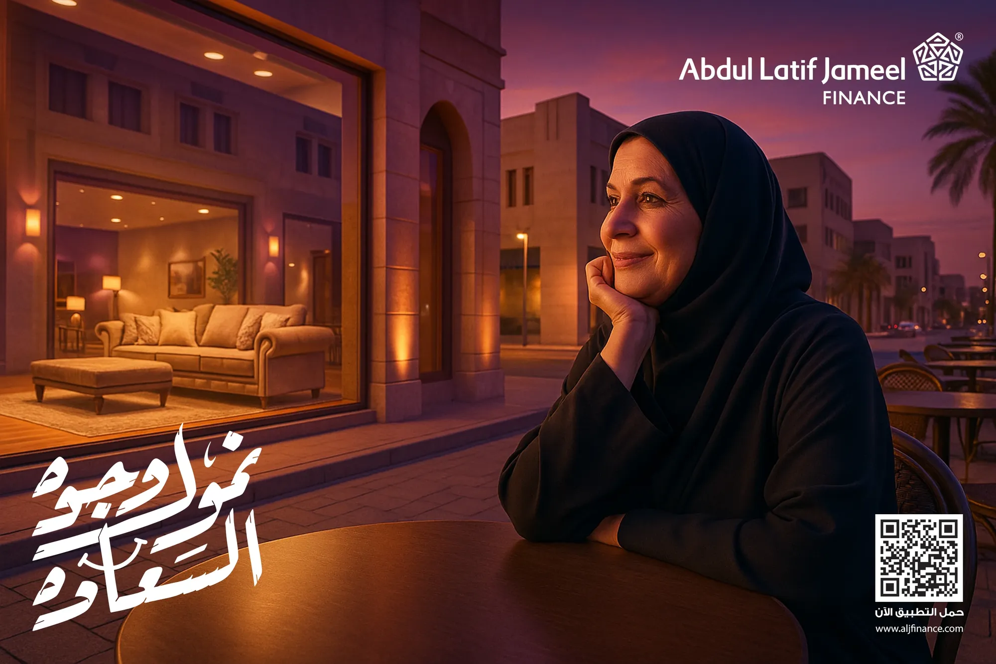 A woman resting her chin on her hand at a window at dusk